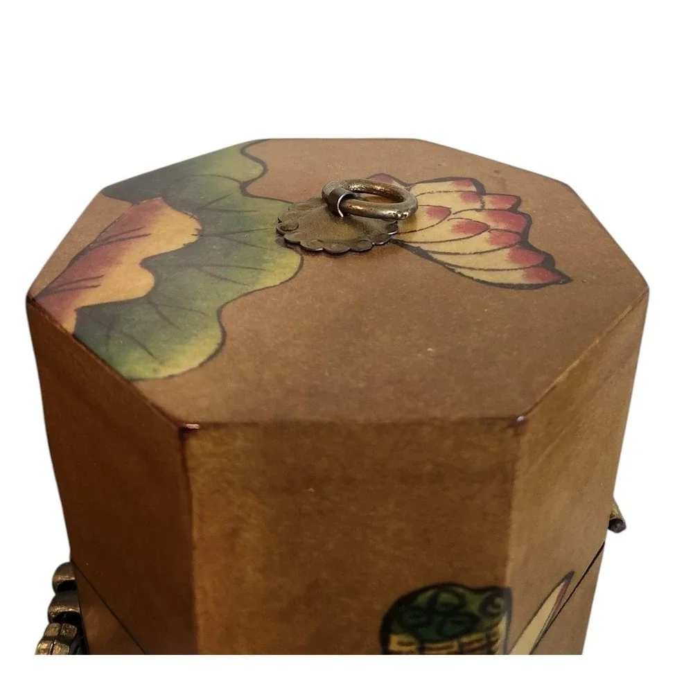 Asian Wood Tower Oriental Box Brass Fish w/ Key MCM Vintage Handpainted Flowers‎